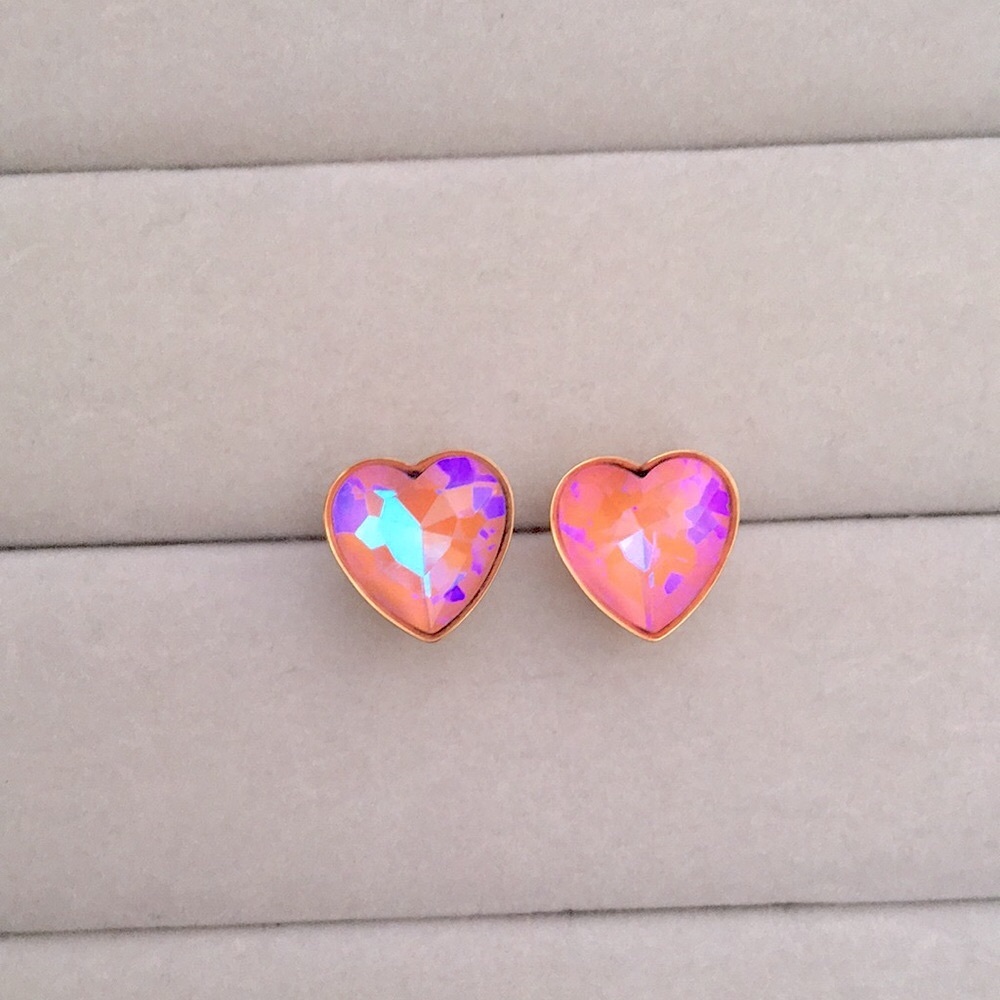 Rose Pink Aurora Borealis + Gold Crystal Heart Earrings - Picture 1 of 5